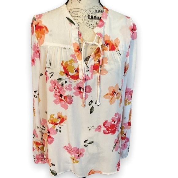 LOFT Floral Print Top Tie Front White Size M - Picture 3 of 9